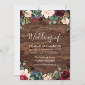 Invitation Rustique Rouge Floral Bois Bourgogne Mariage Invit (Devant)