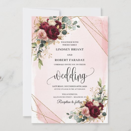 Invitation Rustique rouge foncé or Blush Rose Mariage floral (Devant)