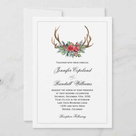 Invitation Rustique rouge hiver Mariage floral (Devant)