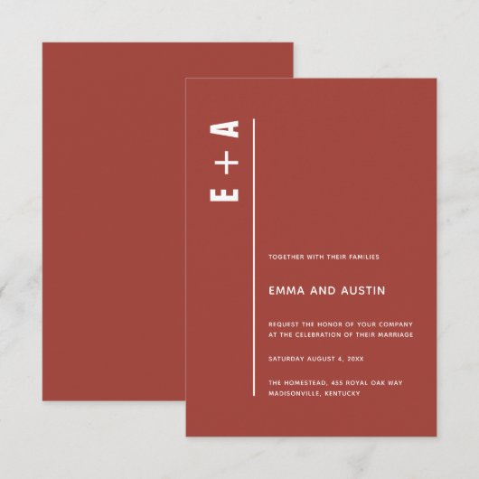 Invitation Rustique Rouge moderne minimal Gras Initiales Mari (Devant / Derrière)