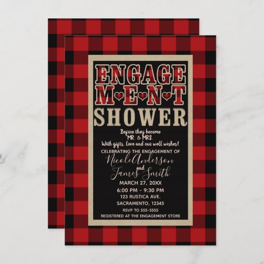 Invitation Rustique Rouge noir Buffle Plaid Fiançailles douch (Devant / Derrière)
