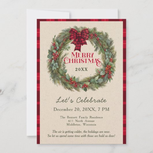 Invitation Rustique Rouge Plaid Verdure Ferme Noël (Devant)