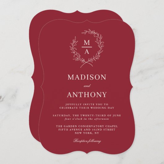 Invitation Rustique rouge simple élégant Mariage Monogramme (Devant / Derrière)