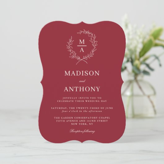 Invitation Rustique rouge simple élégant Mariage Monogramme (Debout devant)