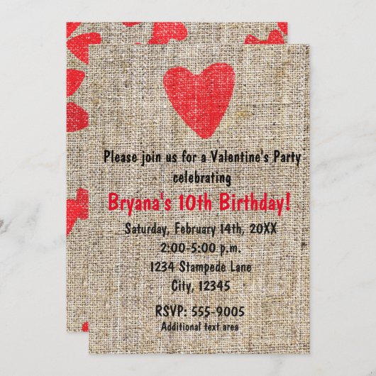 Invitation Rustique Rouge Timped Heart Burlap Valentine Party (Devant / Derrière)