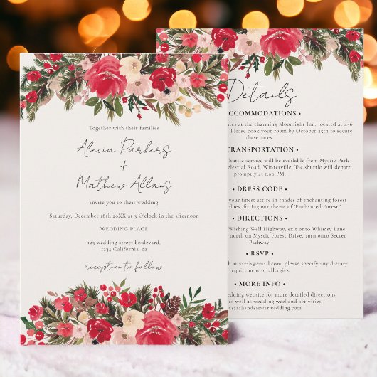 Invitation Rustique Rouge vert hiver Floral tout en un Mariag