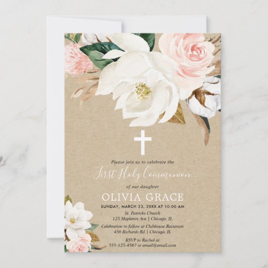 Invitation Rustique rougissent la sainte communion florale (Devant)