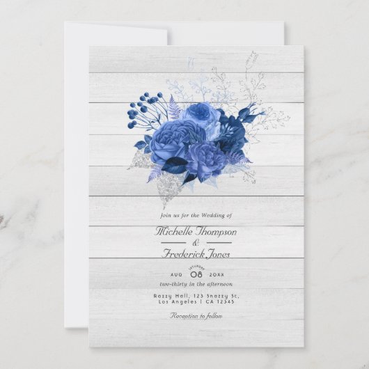 Invitation Rustique Royal Blue & Silver Floral QR Code Mariag (Devant)