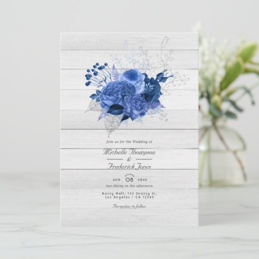 Invitation Rustique Royal Blue & Silver Floral QR Code Mariag (Debout devant)