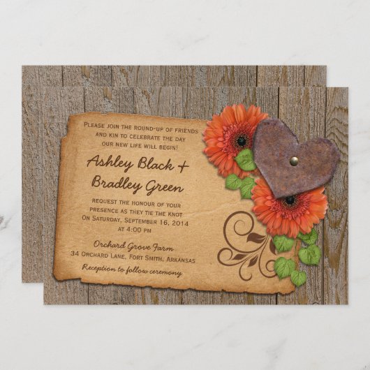 Invitation Rustique Rusty Heart Orange Daisy Mariage campagna (Devant / Derrière)