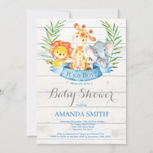 Invitation Rustique Safari Jungle Animaux Baby shower garçon (Devant)