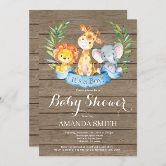 Invitation Rustique Safari Jungle Animaux Baby shower garçon (Devant / Derrière)