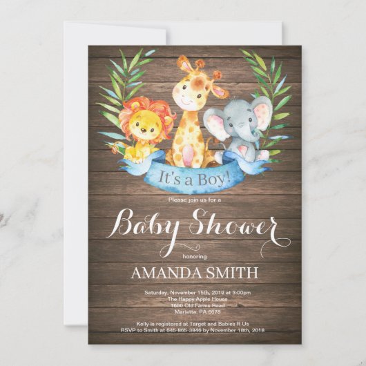 Invitation Rustique Safari Jungle Animaux Baby shower garçon (Devant)