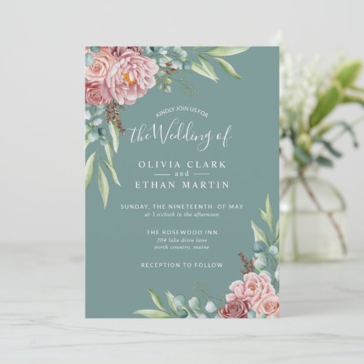 Invitation Rustique Sage Green Dusty Rose Boho Floral (Debout devant)
