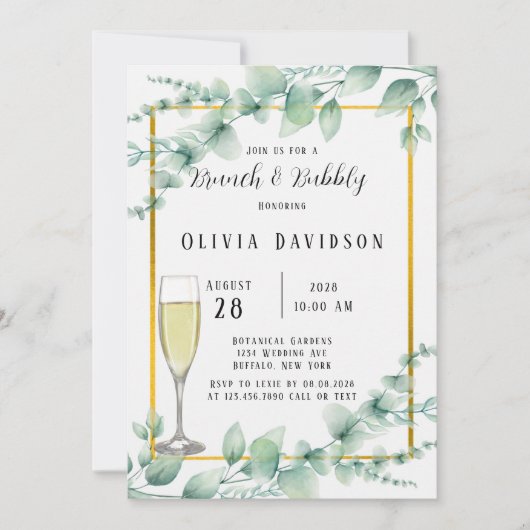 Invitation Rustique Sage Vert verdure Or Brunch & Bubbly (Devant)