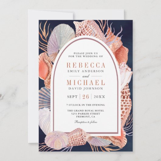 Invitation Rustique Seashell Nautique Marine bleu QR Code Mar (Devant)