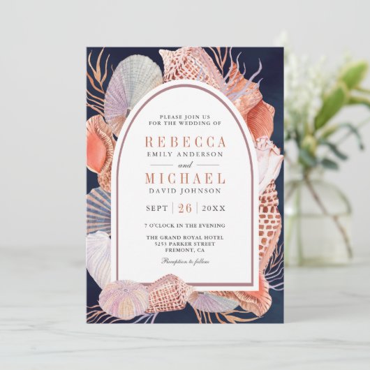 Invitation Rustique Seashell Nautique Marine bleu QR Code Mar (Debout devant)