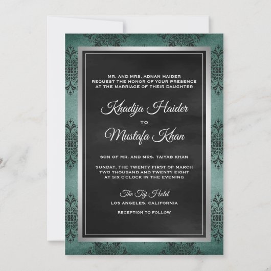 Invitation Rustique Silver Turquoise Noir Damask Mariage musu (Dos)