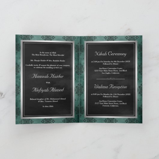 Invitation Rustique Silver Turquoise Noir Damask Mariage musu (Intérieur)