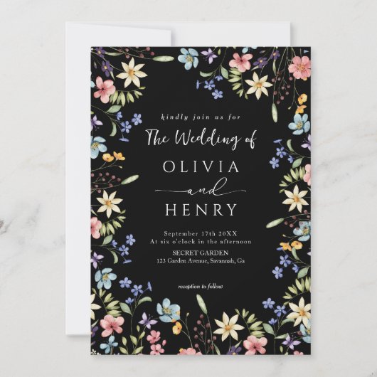 Invitation Rustique simple Fleur sauvage noir Mariage de code (Devant)
