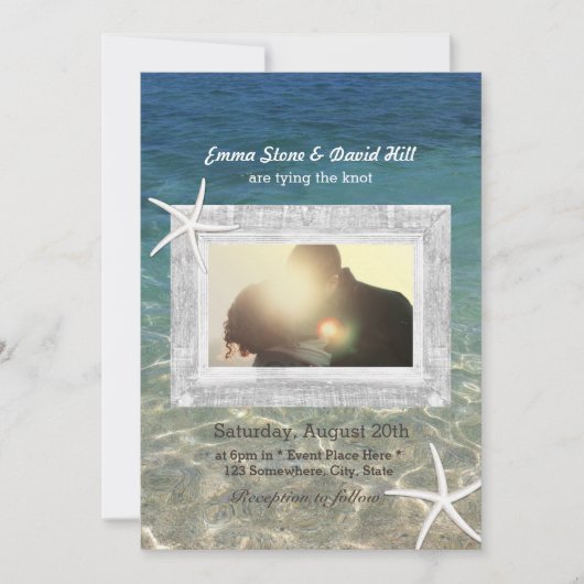 Invitation Rustique Starfish Bois encadré Photo Plage Mariage (Devant)