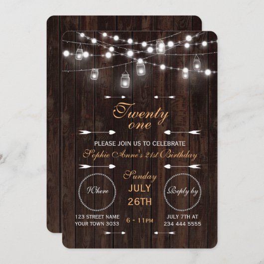 Invitation Rustique String éclaire vieille grange fête d'anni (Devant / Derrière)