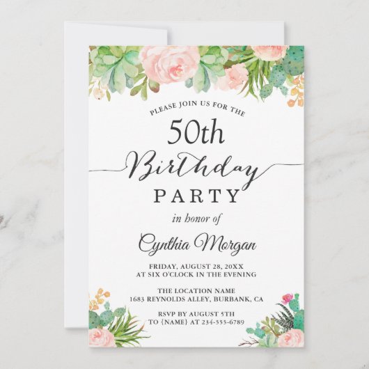 Invitation Rustique Succulent Cactus Floral 50e fête d'annive (Devant)