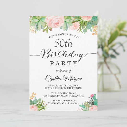 Invitation Rustique Succulent Cactus Floral 50e fête d'annive (Debout devant)
