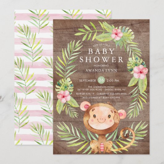 Invitation Rustique Sweet Monkey Girl Baby shower (Devant / Derrière)
