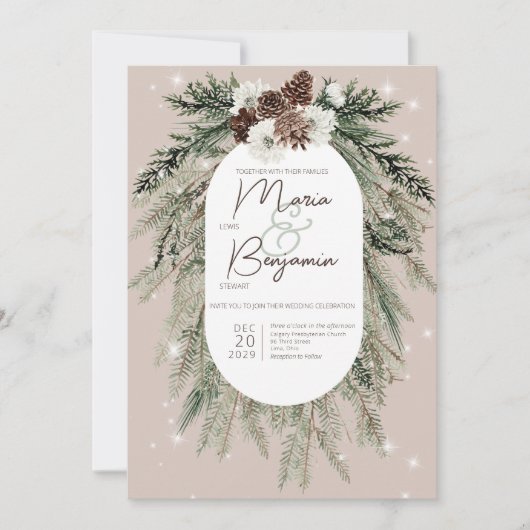 Invitation Rustique Tan Pine Hiver Mariage étincelant (Devant)