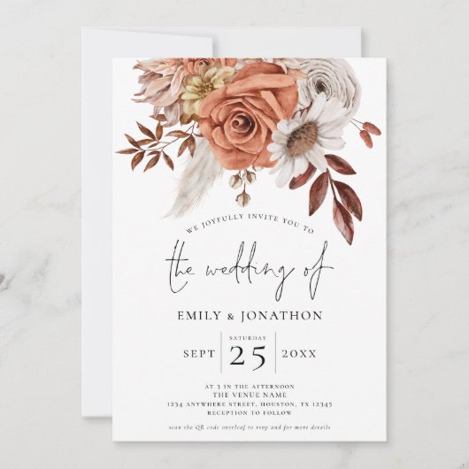 Invitation Rustique Terracotta Automne Florals QR Code Mariag (Devant)