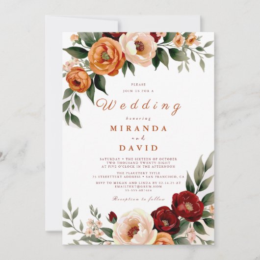 Invitation Rustique Terracotta Automne Pampas Mariage en herb (Devant)