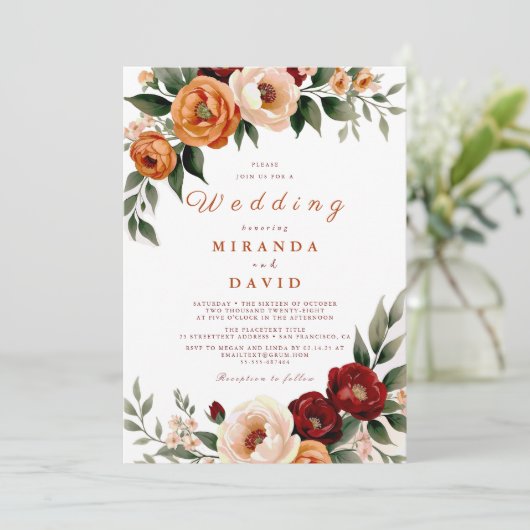 Invitation Rustique Terracotta Automne Pampas Mariage en herb (Debout devant)