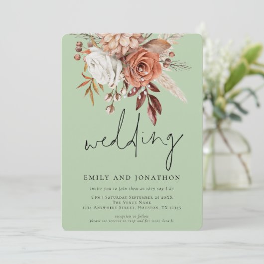 Invitation Rustique Terracotta Floral Script Sage Mariage ver (Debout devant)