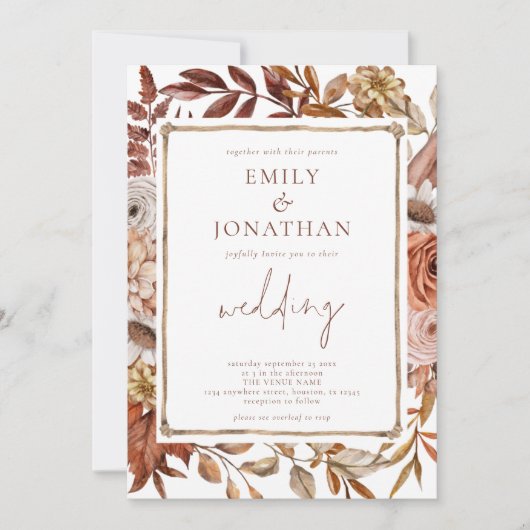 Invitation Rustique Terracotta Florals frontière QR Code Mari (Devant)