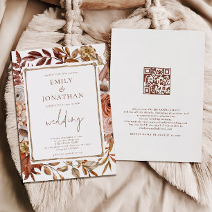Invitation Rustique Terracotta Florals frontière QR Code Mari