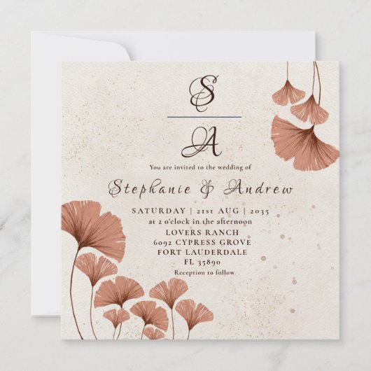 Invitation Rustique Terracotta Ginkgo Foliage Mariage (Devant)
