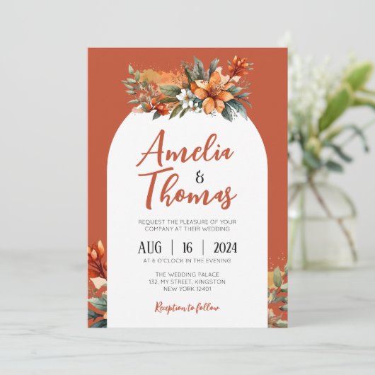 Invitation Rustique Terracotta Green Floral Arch Mariage de a (Debout devant)