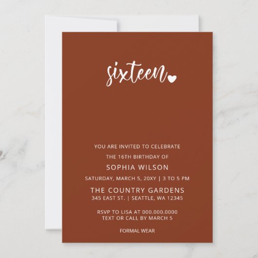 Invitation Rustique Terracotta Script Sweet 16 Anniversaire P (Devant)