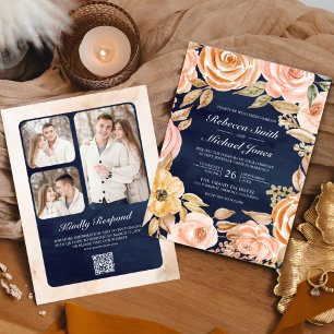Invitation Rustique Terreux Floral Photo Code QR Navy Mariage
