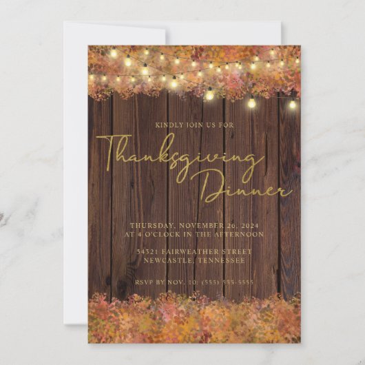 Invitation Rustique Thanksgiving Automne Lumières à cordes Bo (Devant)