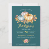 Invitation Rustique Thanksgiving citrouilles floraux turquois (Devant)