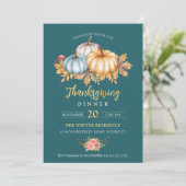 Invitation Rustique Thanksgiving citrouilles floraux turquois (Debout devant)