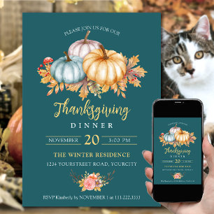 Invitation Rustique Thanksgiving citrouilles floraux turquois