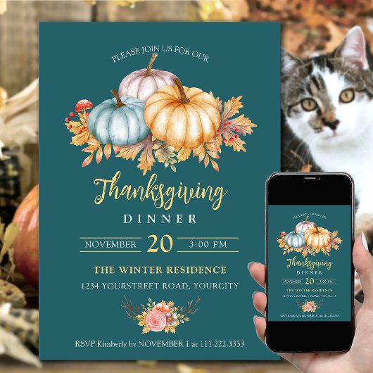 Invitation Rustique Thanksgiving citrouilles floraux turquois