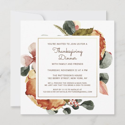 Invitation Rustique Thanksgiving Diner Aquarelle Florale (Devant)