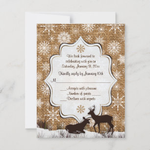 Invitation Rustique Toile de Jute, Flocons de Neige et Cerfs