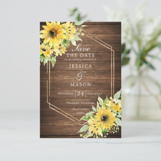 Invitation Rustique Tournesol Vert Mariage Enregistrer La Dat (Debout devant)
