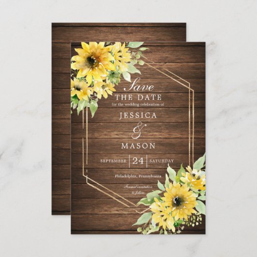 Invitation Rustique Tournesol Vert Mariage Enregistrer La Dat (Devant / Derrière)