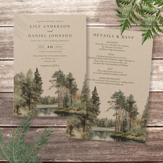Invitation Rustique Tout en un Mariage de forêt de lac d'aqua